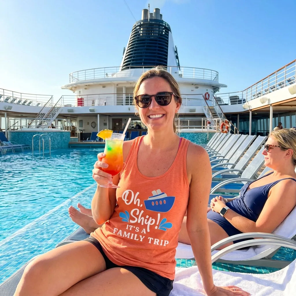 Lifestyle View — Oh Ship Funny Family Cruise Trip Shirt Nautical Vacation Design — Ladies Tank