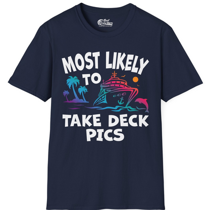 Most Likely To Take Deck Pics Cruise Shirt Tropical Sunset Humor — T-Shirt T-Shirt – Best Cruise Shirts