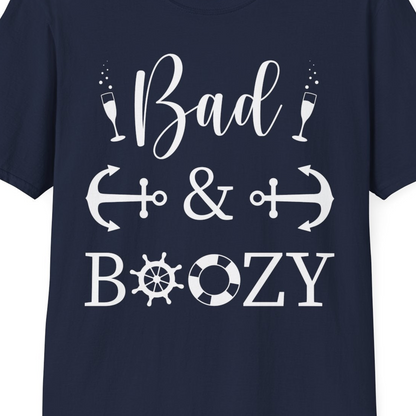 Bad and Boozy Nautical Cruise Shirt with Anchors and Ship Wheel — T-Shirt T-Shirt – Best Cruise Shirts Close Up