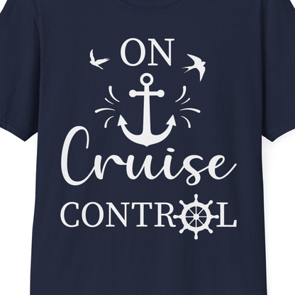On Cruise Control Nautical Anchor and Birds Vacation Shirt Design — T-Shirt T-Shirt – Best Cruise Shirts Close Up