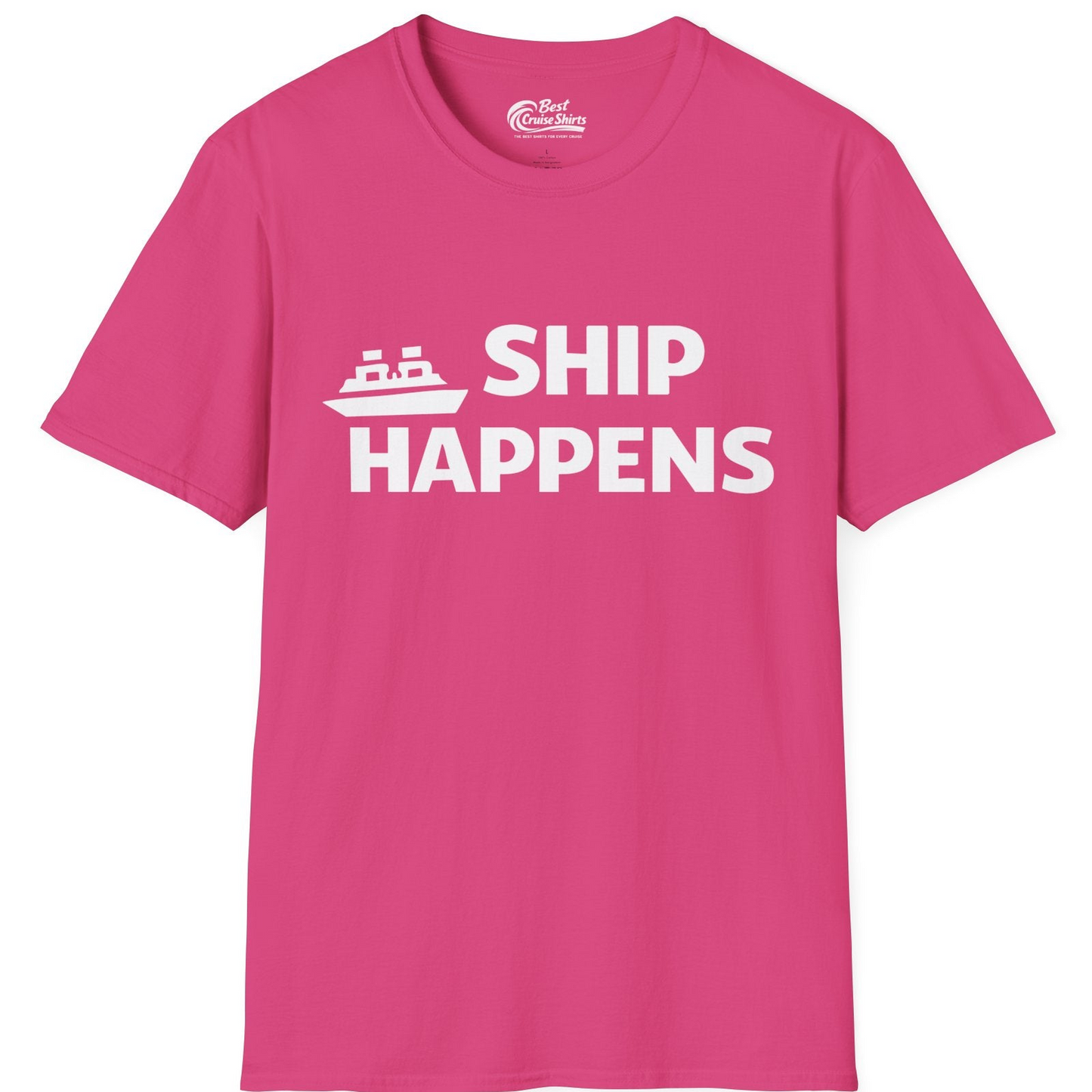 Ship Happens Funny Cruise Shirt With Bold Graphic Ship Pun Design — T-Shirt T-Shirt – Heliconia – Best Cruise Shirts