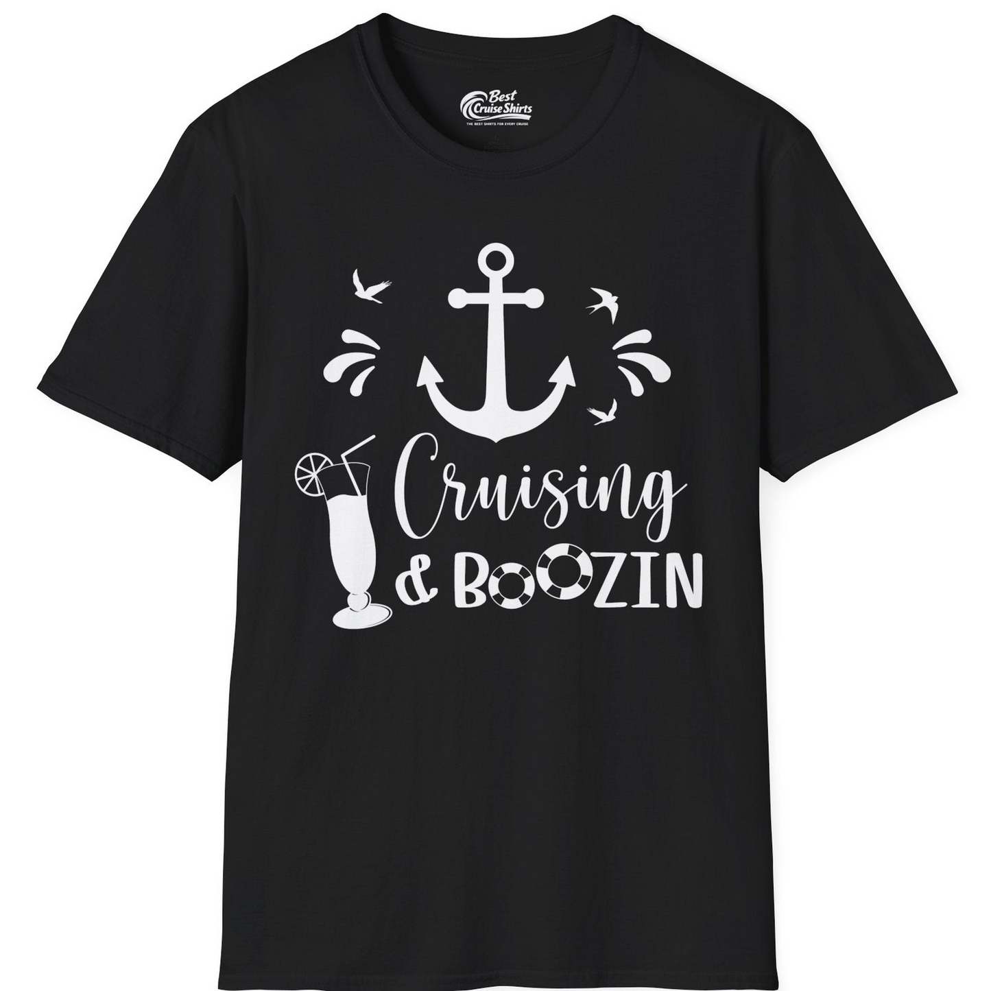 Cruising and Boozin Nautical Party Shirt with Anchor and Cocktail Art — T-Shirt T-Shirt – Black – Best Cruise Shirts
