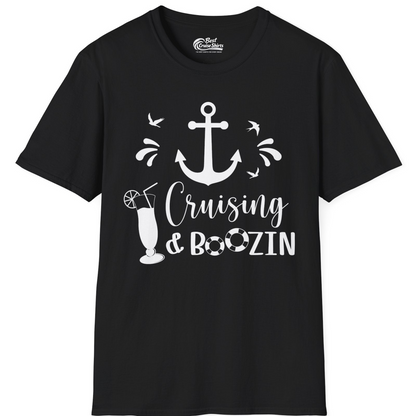 Cruising and Boozin Nautical Party Shirt with Anchor and Cocktail Art — T-Shirt T-Shirt – Black – Best Cruise Shirts