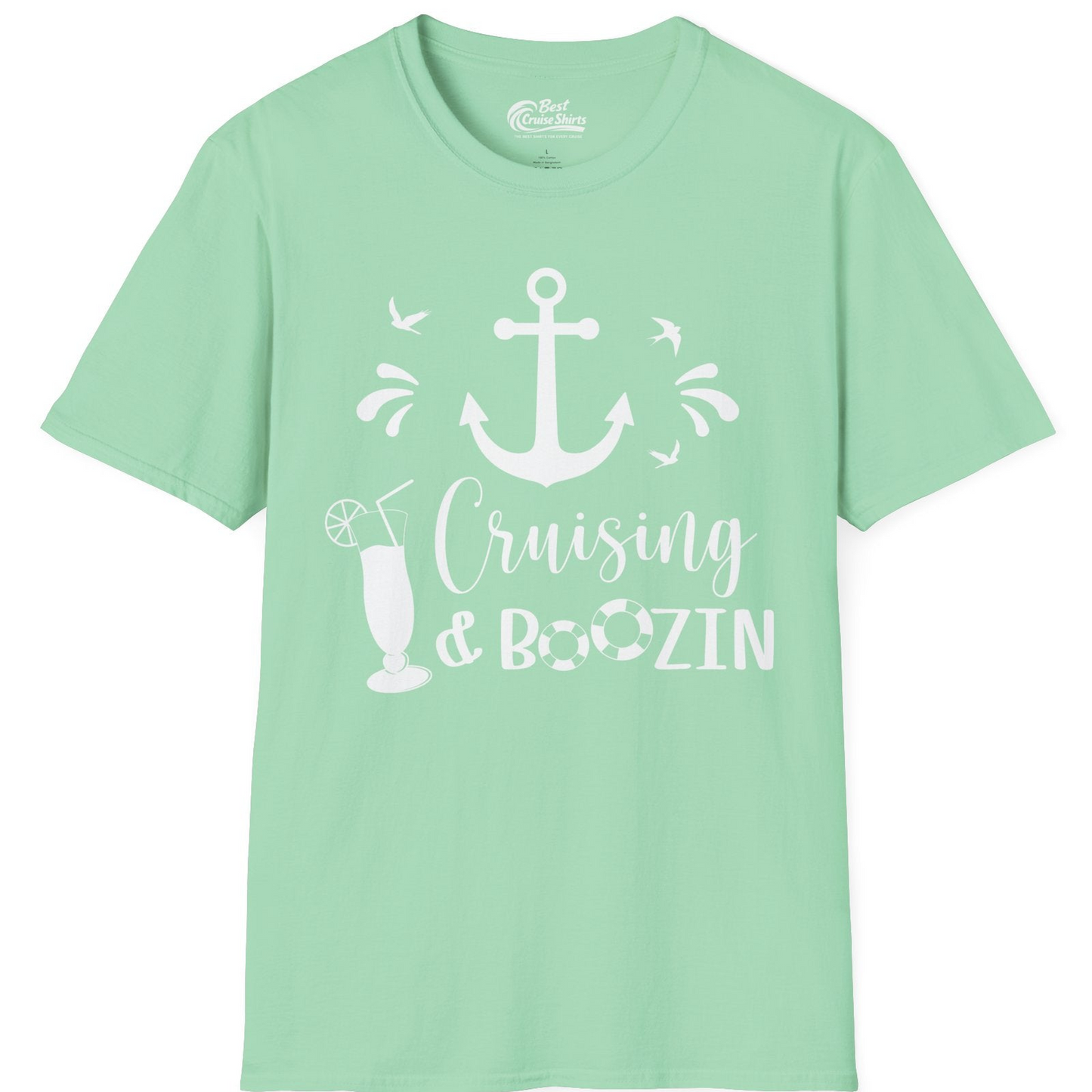 Cruising and Boozin Nautical Party Shirt with Anchor and Cocktail Art — T-Shirt T-Shirt – Mint Green – Best Cruise Shirts