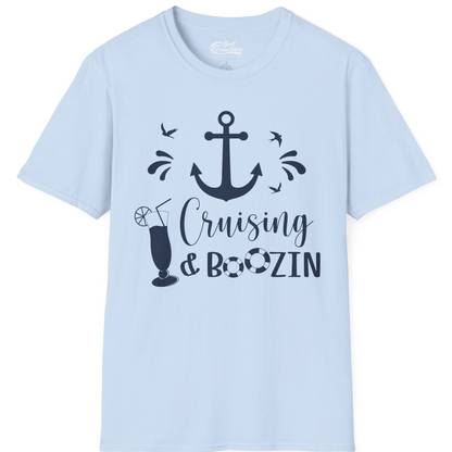 Cruising and Boozin Nautical Party Shirt with Anchor and Cocktail Art — T-Shirt T-Shirt – Light Blue – Best Cruise Shirts