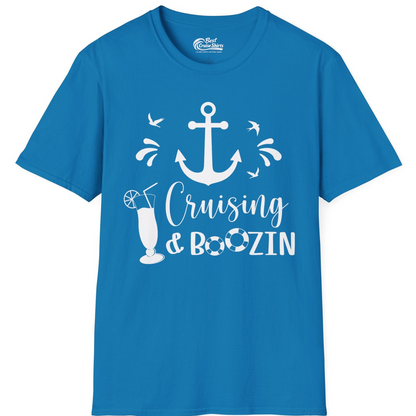 Cruising and Boozin Nautical Party Shirt with Anchor and Cocktail Art — T-Shirt T-Shirt – Sapphire – Best Cruise Shirts
