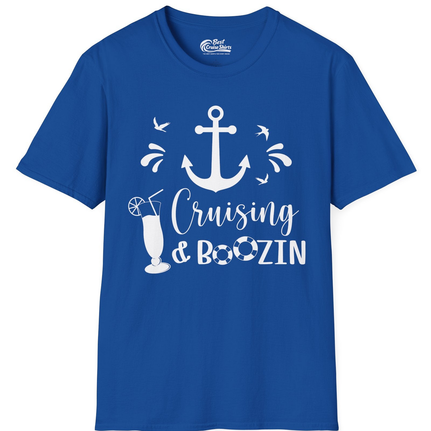 Cruising and Boozin Nautical Party Shirt with Anchor and Cocktail Art — T-Shirt T-Shirt – Royal – Best Cruise Shirts