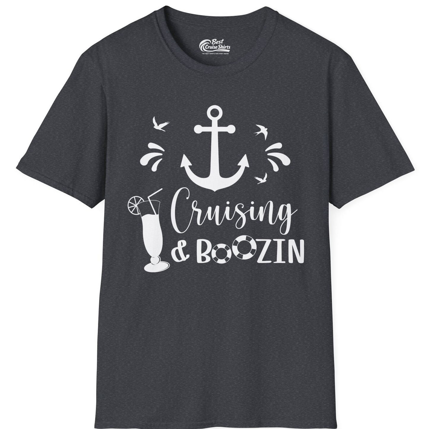 Cruising and Boozin Nautical Party Shirt with Anchor and Cocktail Art — T-Shirt T-Shirt – Dark Heather Grey – Best Cruise Shirts
