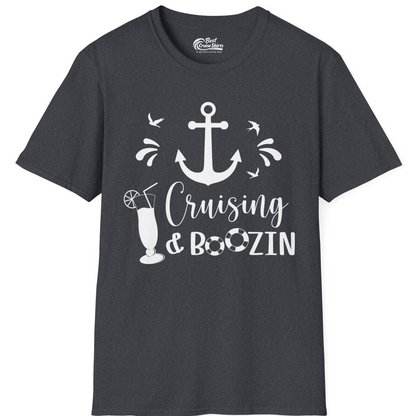 Cruising and Boozin Nautical Party Shirt with Anchor and Cocktail Art — T-Shirt T-Shirt – Dark Heather Grey – Best Cruise Shirts