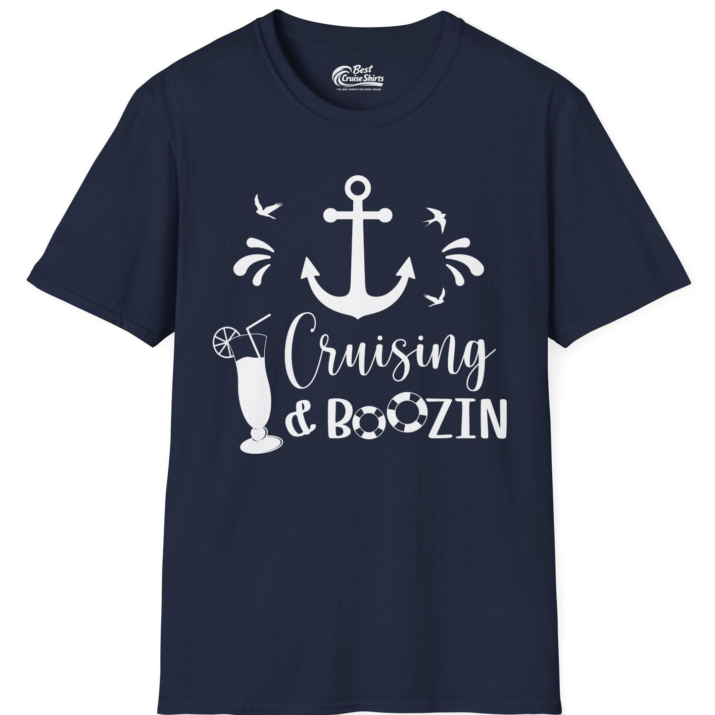 Cruising and Boozin Nautical Party Shirt with Anchor and Cocktail Art — T-Shirt T-Shirt – Navy – Best Cruise Shirts