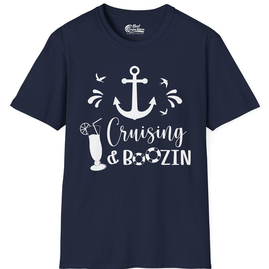 Cruising and Boozin Nautical Party Shirt with Anchor and Cocktail Art — T-Shirt T-Shirt – Navy – Best Cruise Shirts