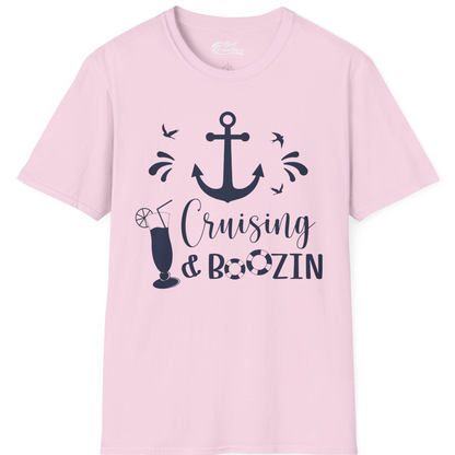 Cruising and Boozin Nautical Party Shirt with Anchor and Cocktail Art — T-Shirt T-Shirt – Light Pink – Best Cruise Shirts