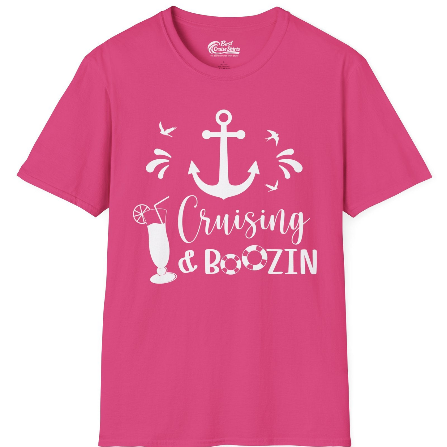 Cruising and Boozin Nautical Party Shirt with Anchor and Cocktail Art — T-Shirt T-Shirt – Heliconia – Best Cruise Shirts
