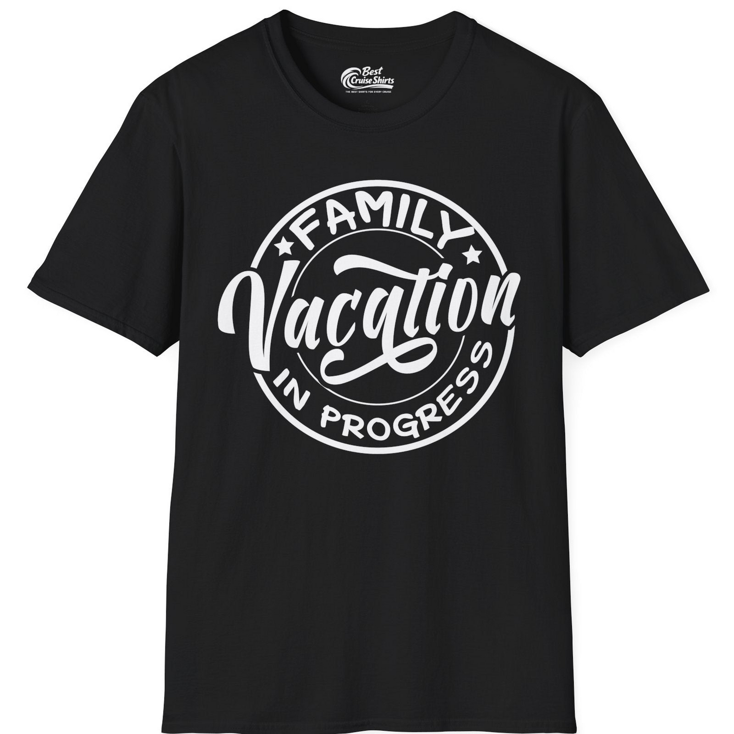 Family Vacation In Progress Bold Circular Stamp Travel Shirt — T-Shirt T-Shirt – Black – Best Cruise Shirts