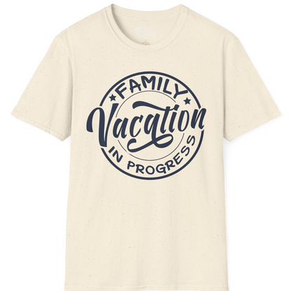 Family Vacation In Progress Bold Circular Stamp Travel Shirt — T-Shirt T-Shirt – Natural – Best Cruise Shirts