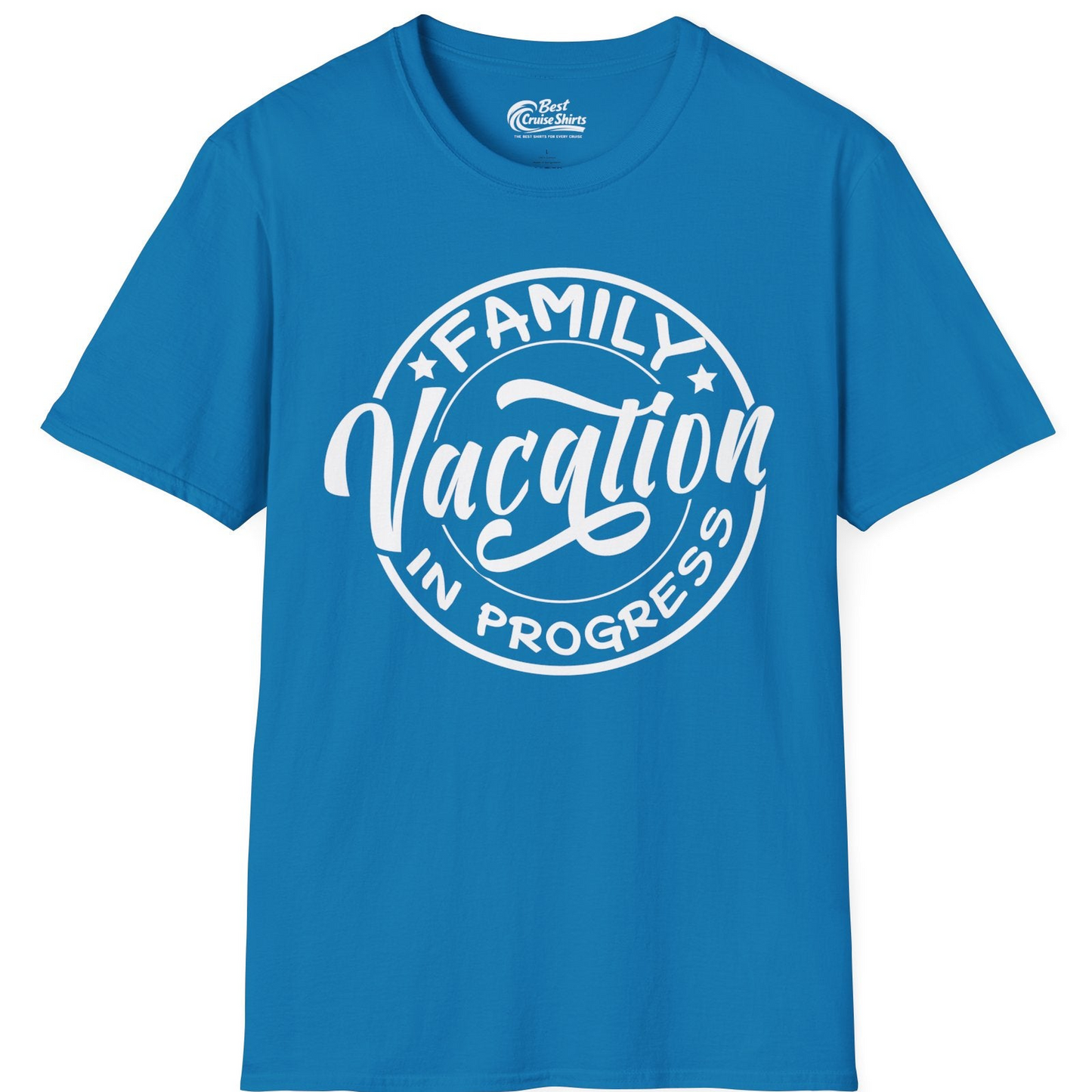 Family Vacation In Progress Bold Circular Stamp Travel Shirt — T-Shirt T-Shirt – Sapphire – Best Cruise Shirts