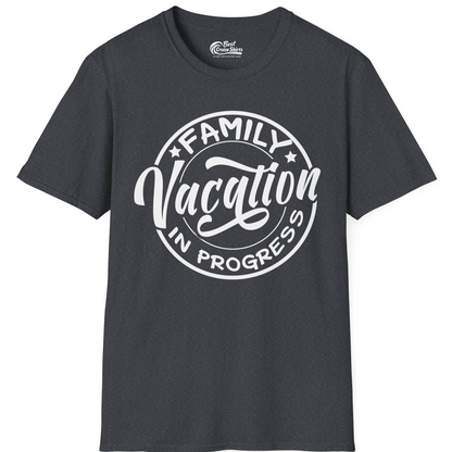 Family Vacation In Progress Bold Circular Stamp Travel Shirt — T-Shirt T-Shirt – Dark Heather Grey – Best Cruise Shirts