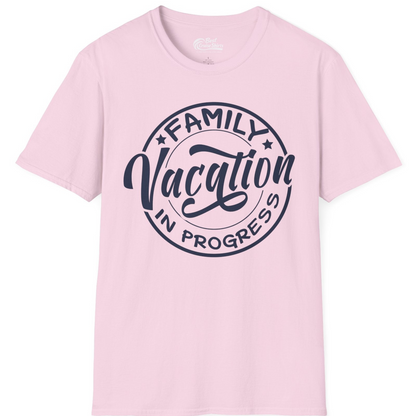 Family Vacation In Progress Bold Circular Stamp Travel Shirt — T-Shirt T-Shirt – Light Pink – Best Cruise Shirts