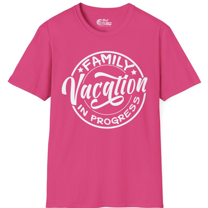 Family Vacation In Progress Bold Circular Stamp Travel Shirt — T-Shirt T-Shirt – Heliconia – Best Cruise Shirts