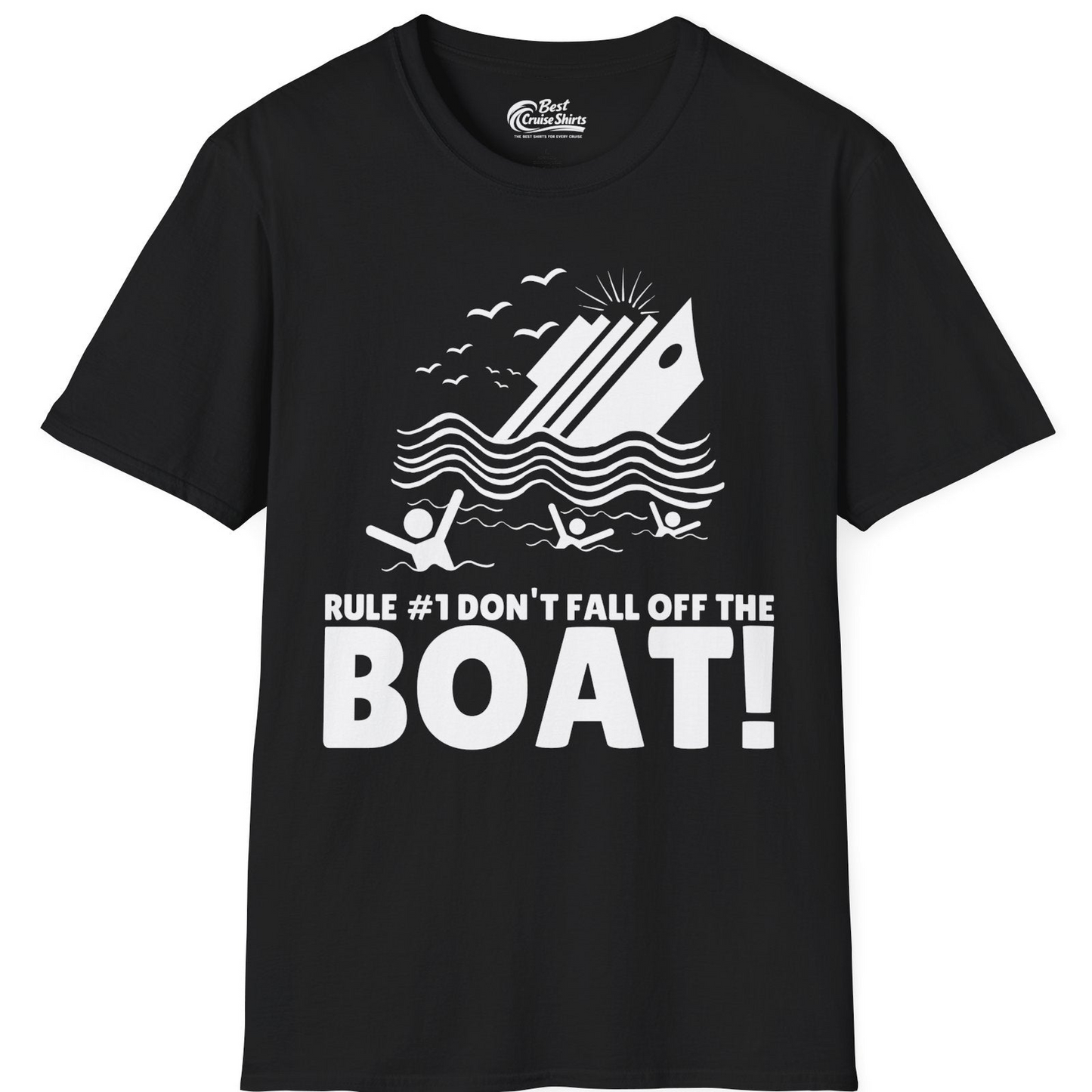 Funny Cruise Ship Safety Warning Sinking Boat Cartoon Shirt — T-Shirt T-Shirt – Black – Best Cruise Shirts