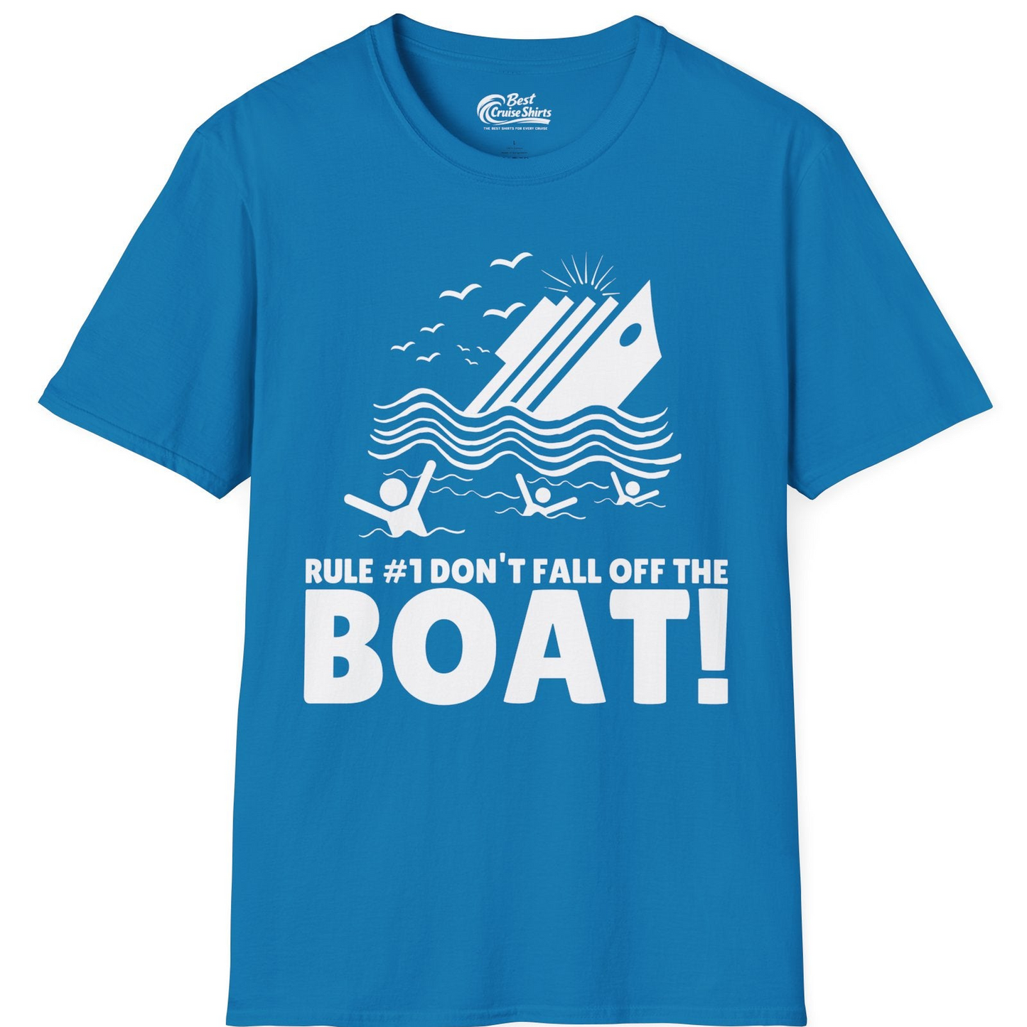 Funny Cruise Ship Safety Warning Sinking Boat Cartoon Shirt — T-Shirt T-Shirt – Sapphire – Best Cruise Shirts