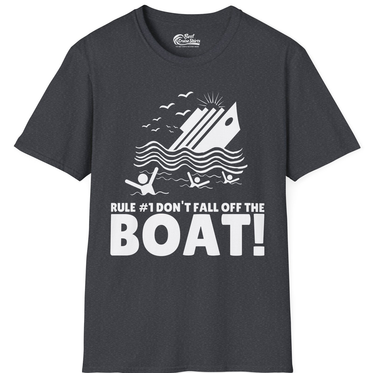 Funny Cruise Ship Safety Warning Sinking Boat Cartoon Shirt — T-Shirt T-Shirt – Dark Heather Grey – Best Cruise Shirts