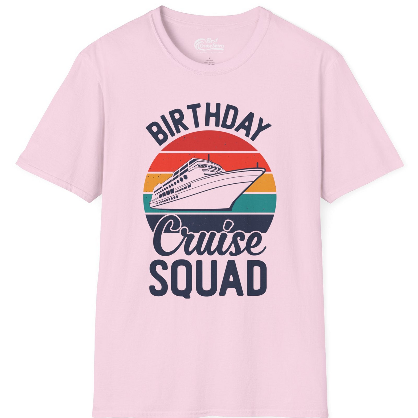 Birthday Cruise Squad Retro Sunset Distressed Cruise Ship Shirt — T-Shirt T-Shirt – Light Pink – Best Cruise Shirts