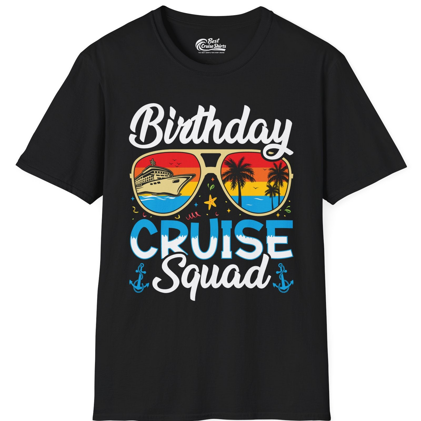 Birthday Cruise Squad Retro Sunglasses Tropical Group Shirt — T-Shirt T-Shirt – Black – Best Cruise Shirts