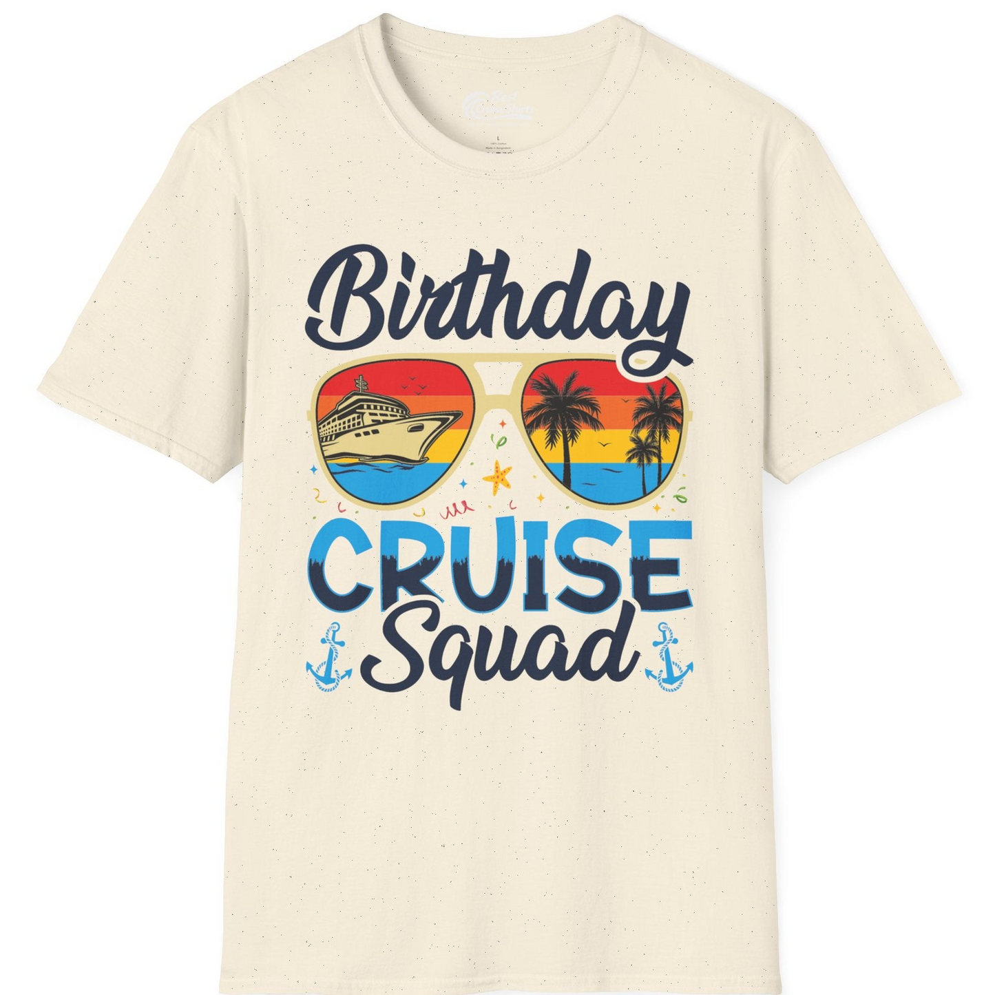 Birthday Cruise Squad Retro Sunglasses Tropical Group Shirt — T-Shirt T-Shirt – Natural – Best Cruise Shirts
