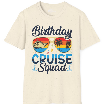 Birthday Cruise Squad Retro Sunglasses Tropical Group Shirt — T-Shirt T-Shirt – Natural – Best Cruise Shirts