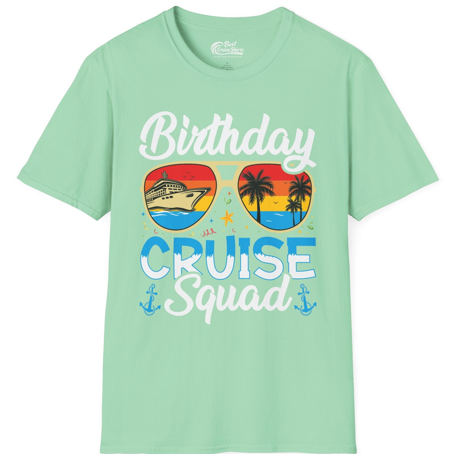 Birthday Cruise Squad Retro Sunglasses Tropical Group Shirt — T-Shirt T-Shirt – Mint Green – Best Cruise Shirts