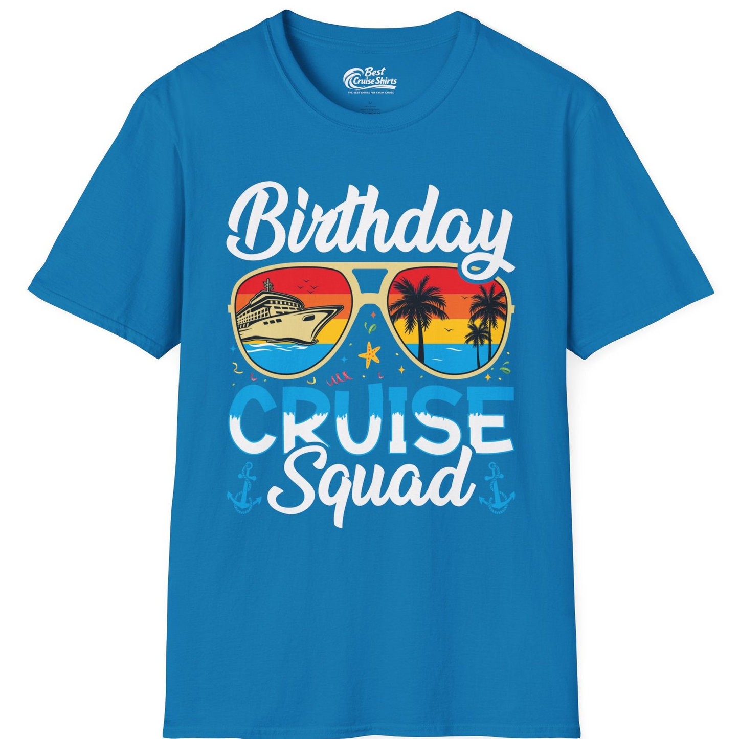 Birthday Cruise Squad Retro Sunglasses Tropical Group Shirt — T-Shirt T-Shirt – Sapphire – Best Cruise Shirts