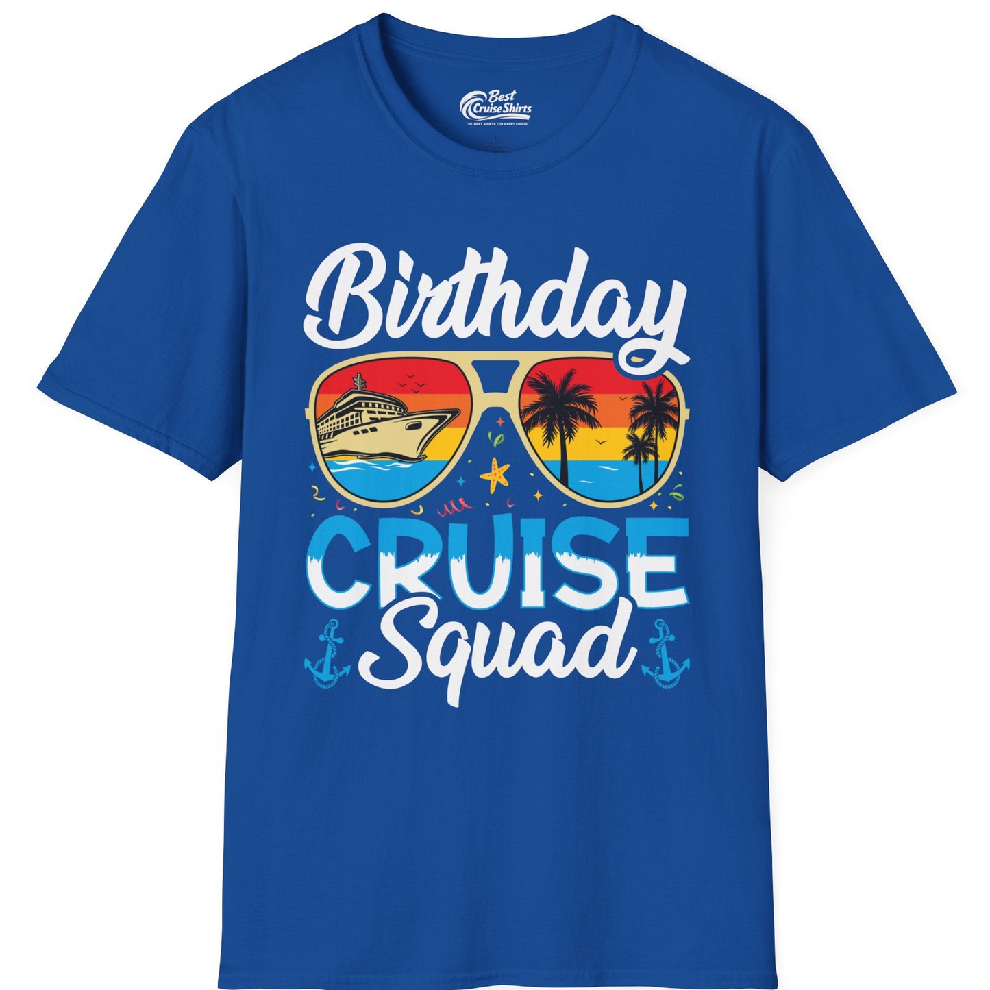 Birthday Cruise Squad Retro Sunglasses Tropical Group Shirt — T-Shirt T-Shirt – Royal – Best Cruise Shirts