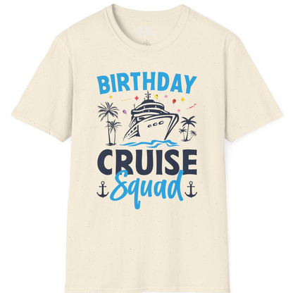 Birthday Cruise Squad Shirt with Ship Palm Trees Balloons Nautical Icons — T-Shirt T-Shirt – Natural – Best Cruise Shirts