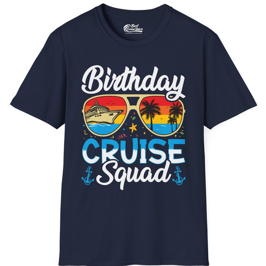 Birthday Cruise Squad Retro Sunglasses Tropical Group Shirt — T-Shirt T-Shirt – Navy – Best Cruise Shirts