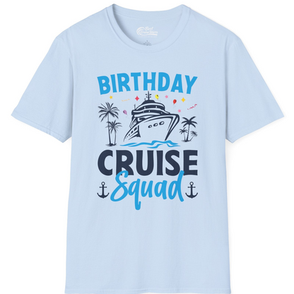 Birthday Cruise Squad Shirt with Ship Palm Trees Balloons Nautical Icons — T-Shirt T-Shirt – Light Blue – Best Cruise Shirts