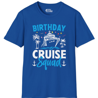 Birthday Cruise Squad Shirt with Ship Palm Trees Balloons Nautical Icons — T-Shirt T-Shirt – Royal – Best Cruise Shirts
