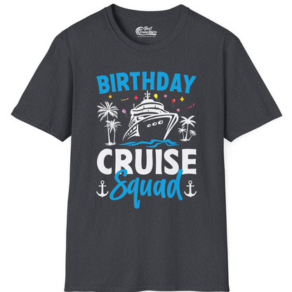 Birthday Cruise Squad Shirt with Ship Palm Trees Balloons Nautical Icons — T-Shirt T-Shirt – Dark Heather Grey – Best Cruise Shirts