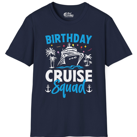 Birthday Cruise Squad Shirt with Ship Palm Trees Balloons Nautical Icons — T-Shirt T-Shirt – Navy – Best Cruise Shirts