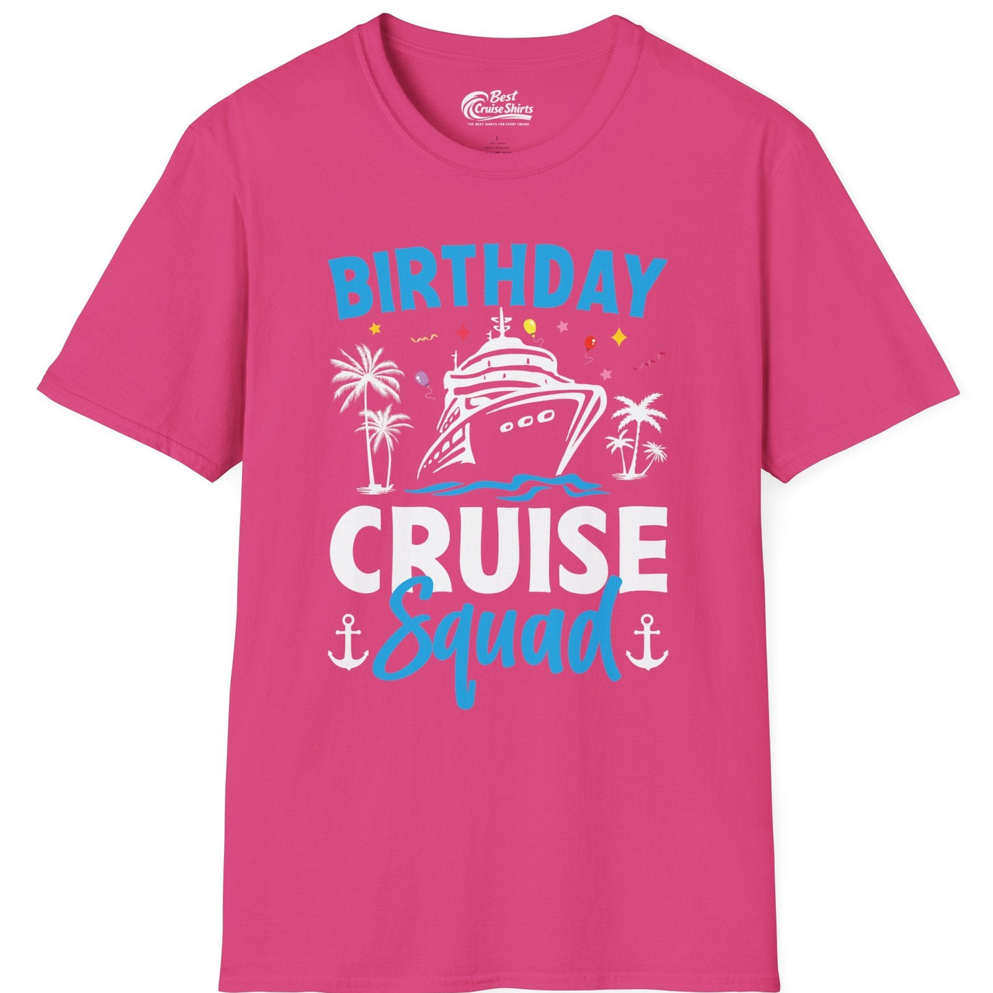 Birthday Cruise Squad Shirt with Ship Palm Trees Balloons Nautical Icons — T-Shirt T-Shirt – Heliconia – Best Cruise Shirts