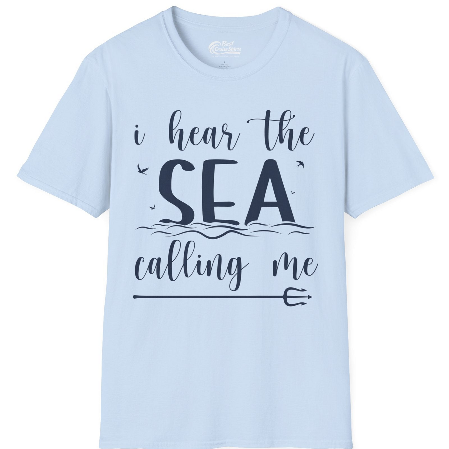 Sea Calling Nautical Beach Quote Shirt With Waves And Birds Art — T-Shirt T-Shirt – Light Blue – Best Cruise Shirts