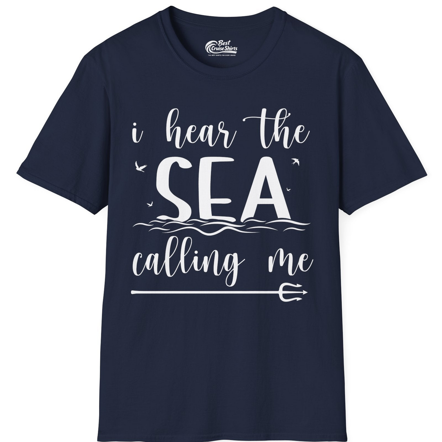 Sea Calling Nautical Beach Quote Shirt With Waves And Birds Art — T-Shirt T-Shirt – Navy – Best Cruise Shirts