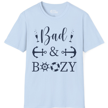 Bad and Boozy Nautical Cruise Shirt with Anchors and Ship Wheel — T-Shirt T-Shirt – Light Blue – Best Cruise Shirts