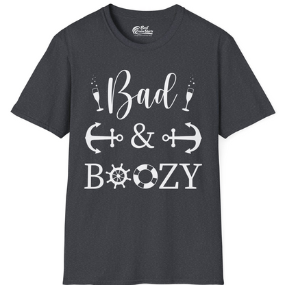 Bad and Boozy Nautical Cruise Shirt with Anchors and Ship Wheel — T-Shirt T-Shirt – Dark Heather Grey – Best Cruise Shirts