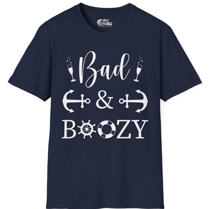Bad and Boozy Nautical Cruise Shirt with Anchors and Ship Wheel — T-Shirt T-Shirt – Navy – Best Cruise Shirts