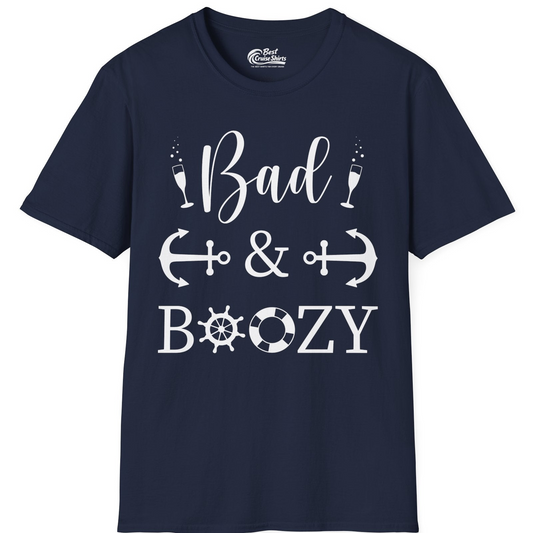 Bad and Boozy Nautical Cruise Shirt with Anchors and Ship Wheel — T-Shirt T-Shirt – Navy – Best Cruise Shirts