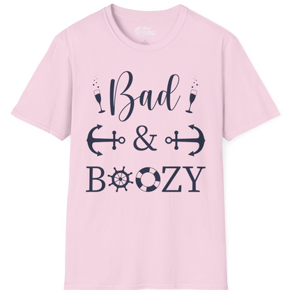 Bad and Boozy Nautical Cruise Shirt with Anchors and Ship Wheel — T-Shirt T-Shirt – Light Pink – Best Cruise Shirts
