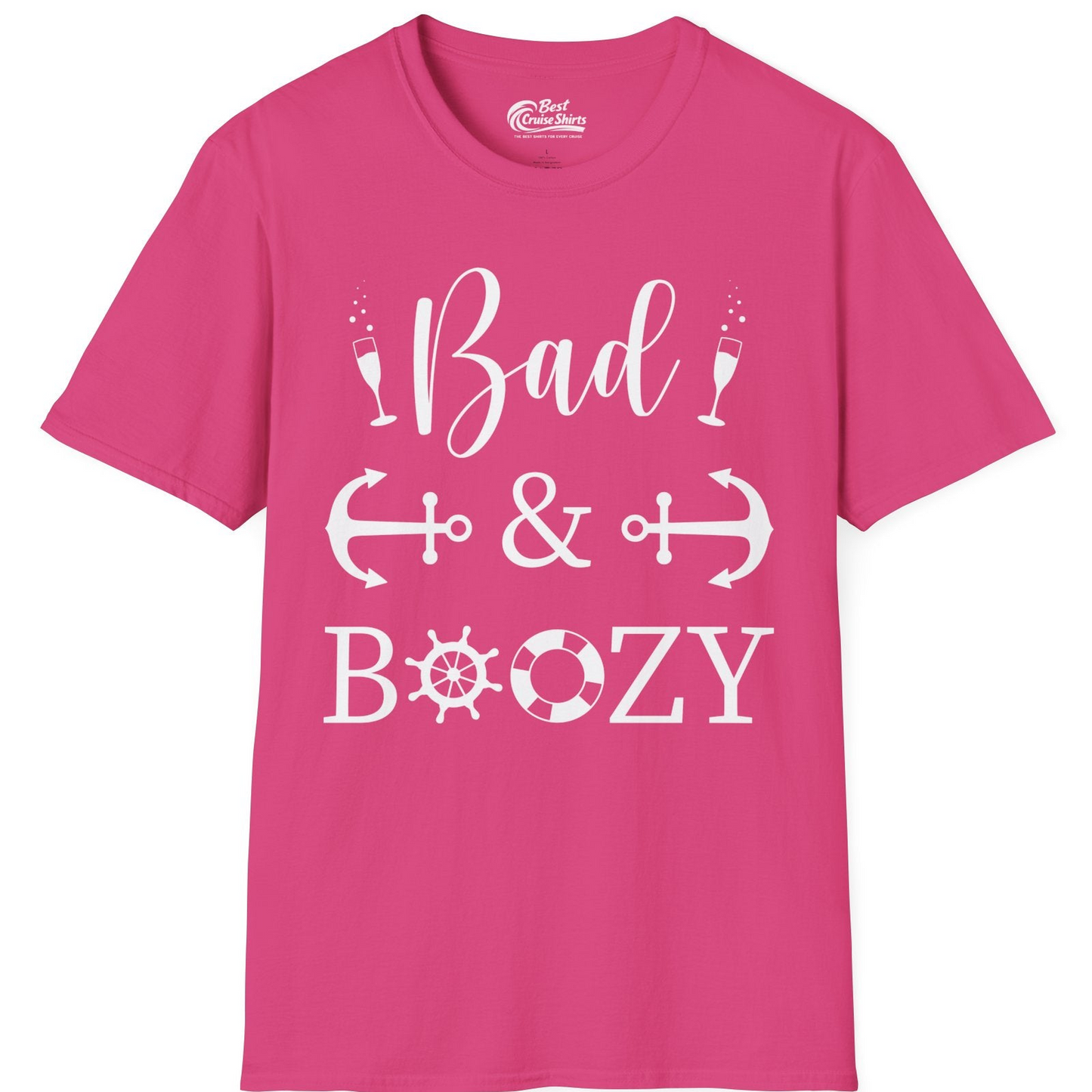 Bad and Boozy Nautical Cruise Shirt with Anchors and Ship Wheel — T-Shirt T-Shirt – Heliconia – Best Cruise Shirts