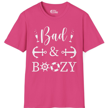 Bad and Boozy Nautical Cruise Shirt with Anchors and Ship Wheel — T-Shirt T-Shirt – Heliconia – Best Cruise Shirts