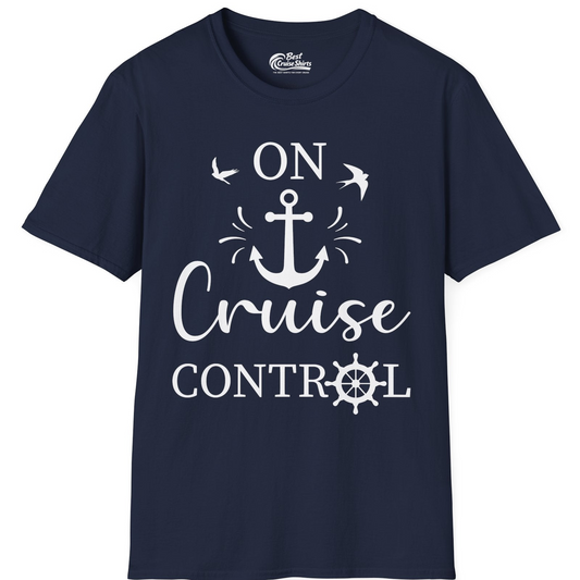 On Cruise Control Nautical Anchor and Birds Vacation Shirt Design — T-Shirt T-Shirt – Navy – Best Cruise Shirts